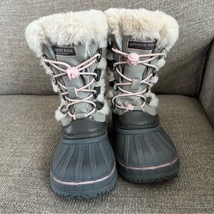 Little girl’s Winter Snow Boots Pink Gray cream white faux fur youth kids size 1